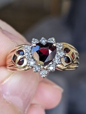 Antique 10K Gold Heart Cut Garnet Ring with Diamond Halo